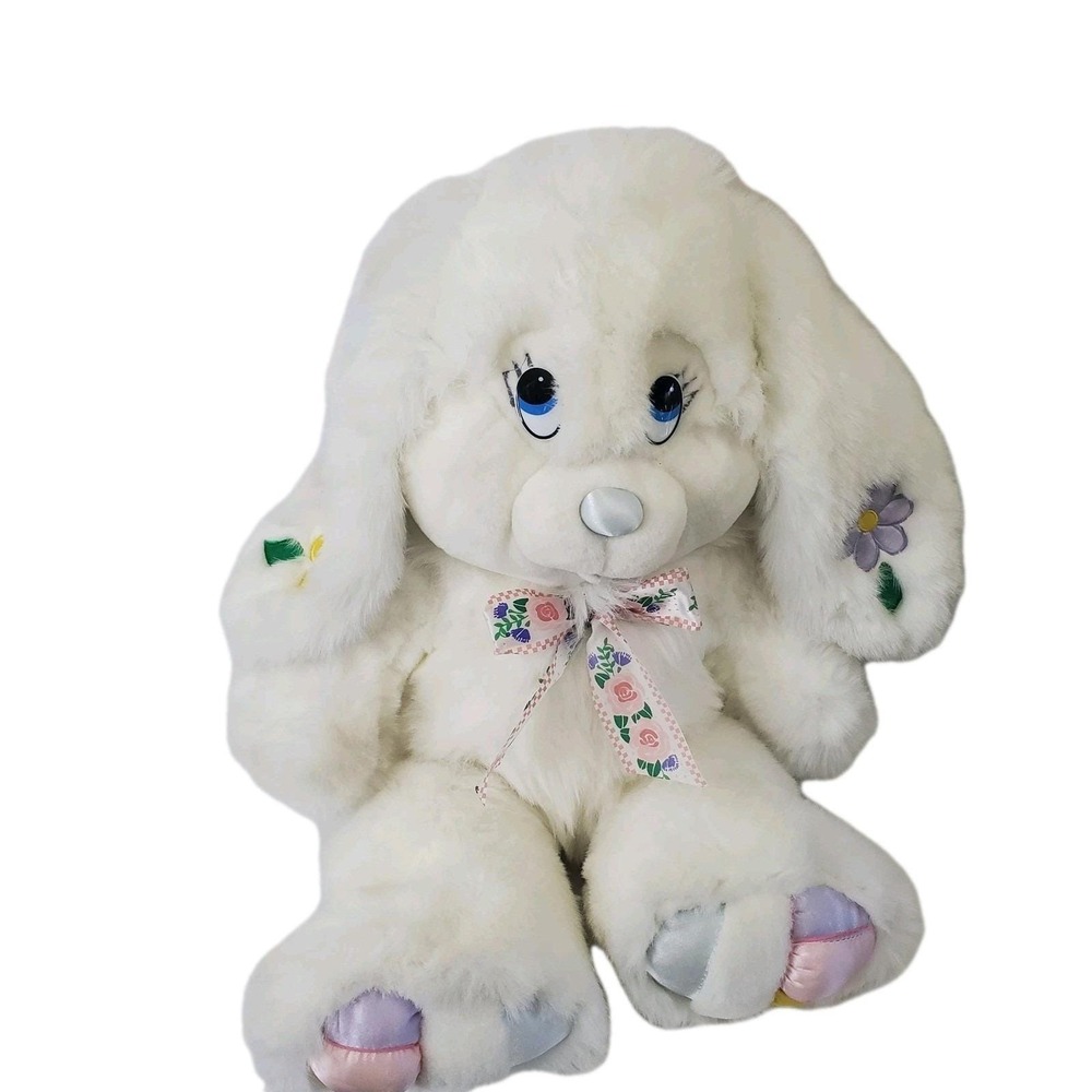 VTG Fordlet Int'l‎ Easter Bunny White Plush Satin Feet Flower Ears Blue Nose 20"